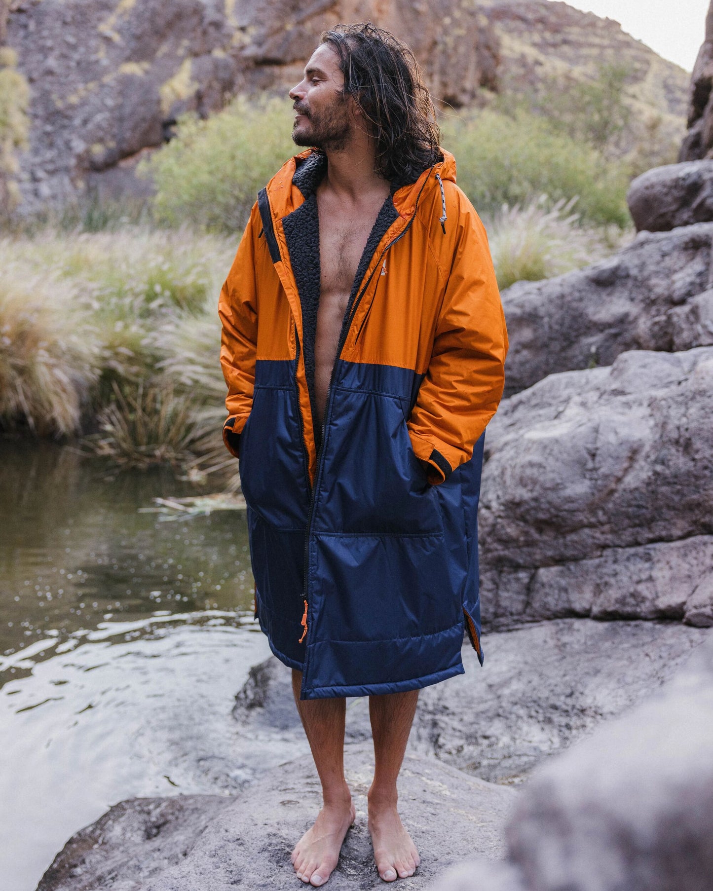 Waves Recycled Sherpa Lined Changing Robe - Sunrise Orange/Rich Navy - Lifestyle