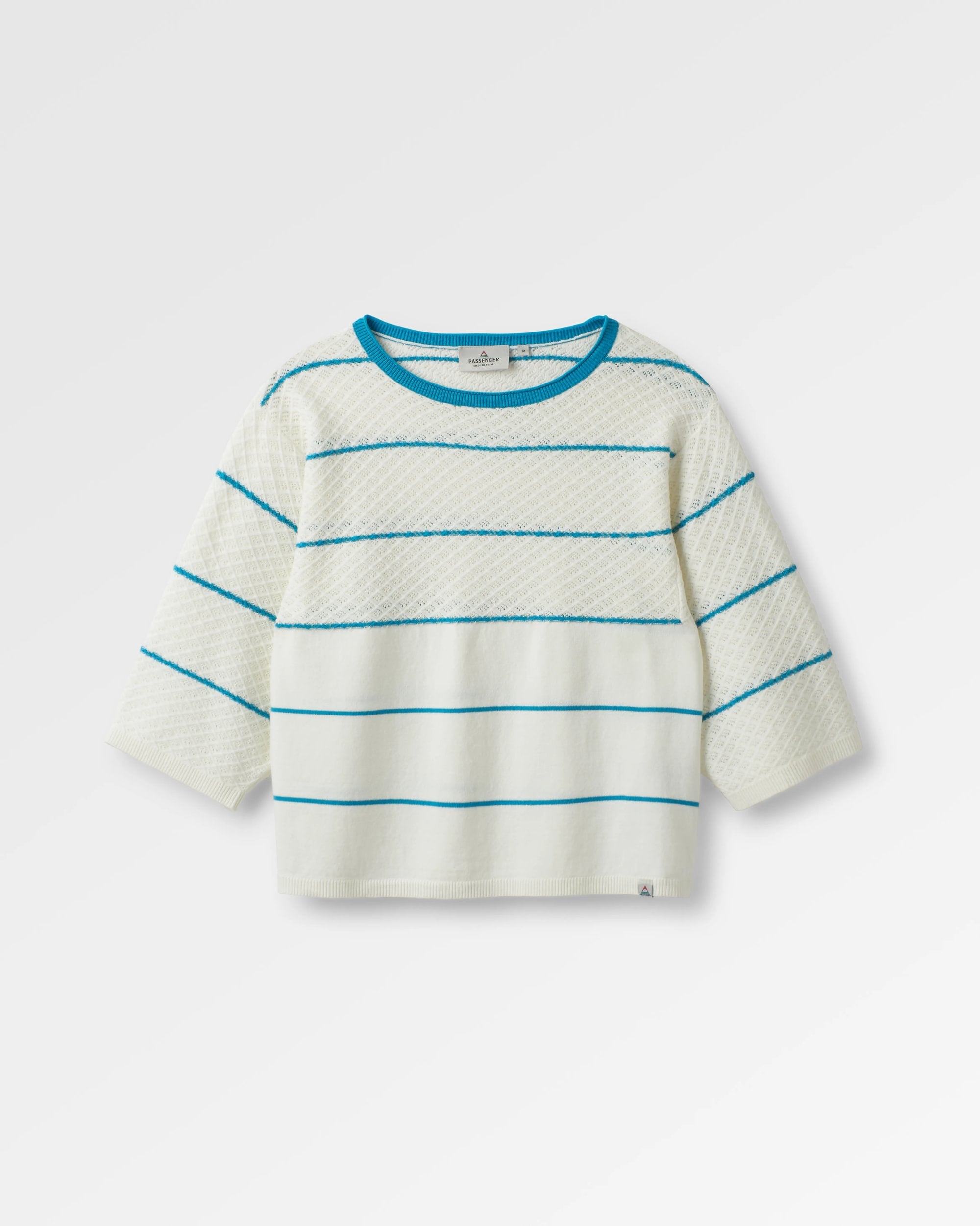 Migrate Organic Knitted Jumper - Blue Pool Stripe - Flatlay