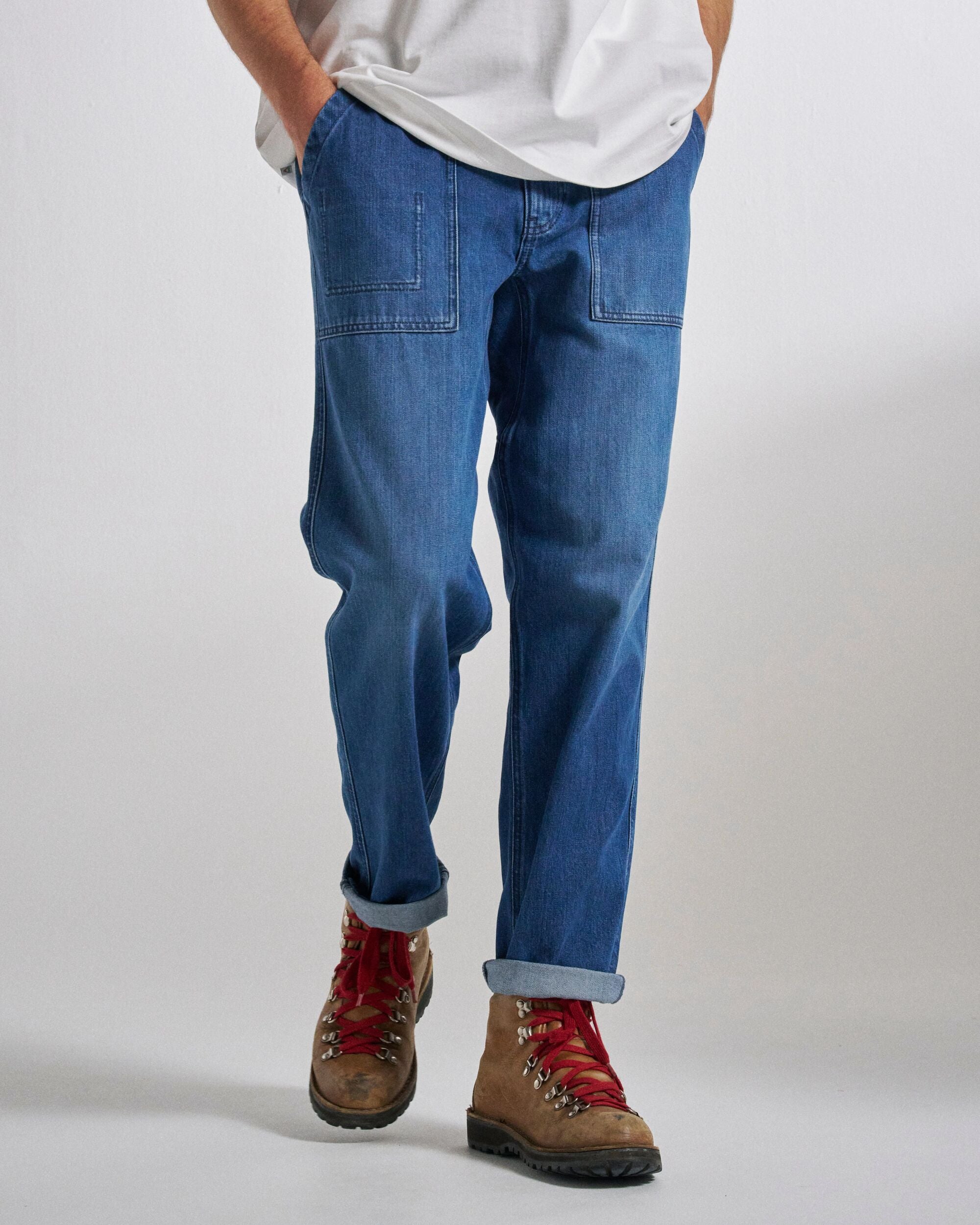 Adventurer Denim Trouser - Mid Wash Denim - Studio Model