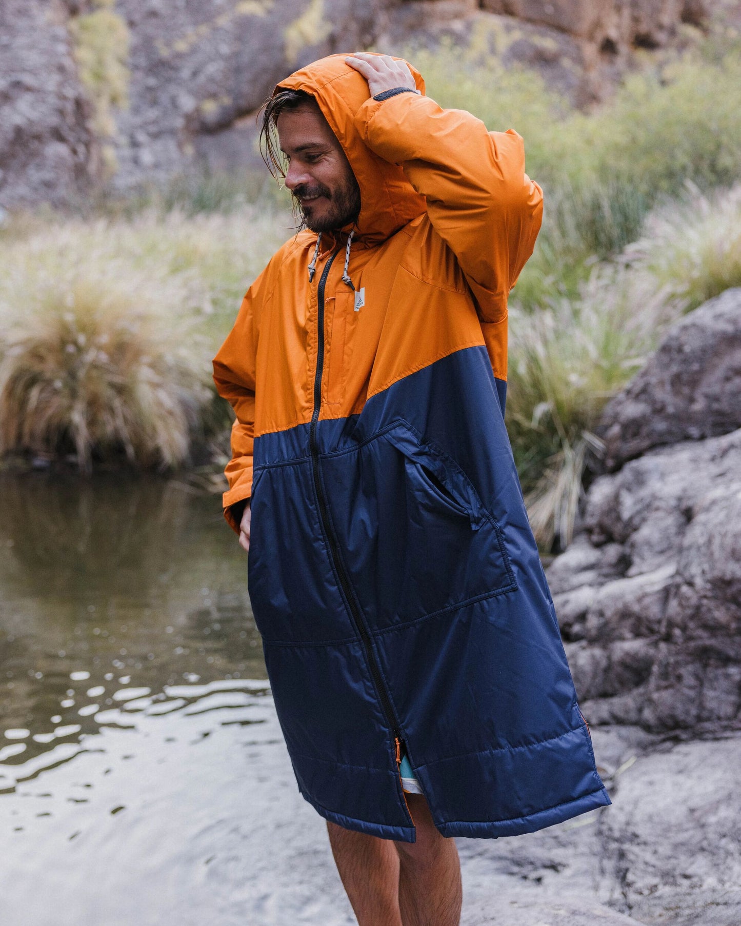 Waves Recycled Sherpa Lined Changing Robe - Sunrise Orange/Rich Navy - Lifestyle