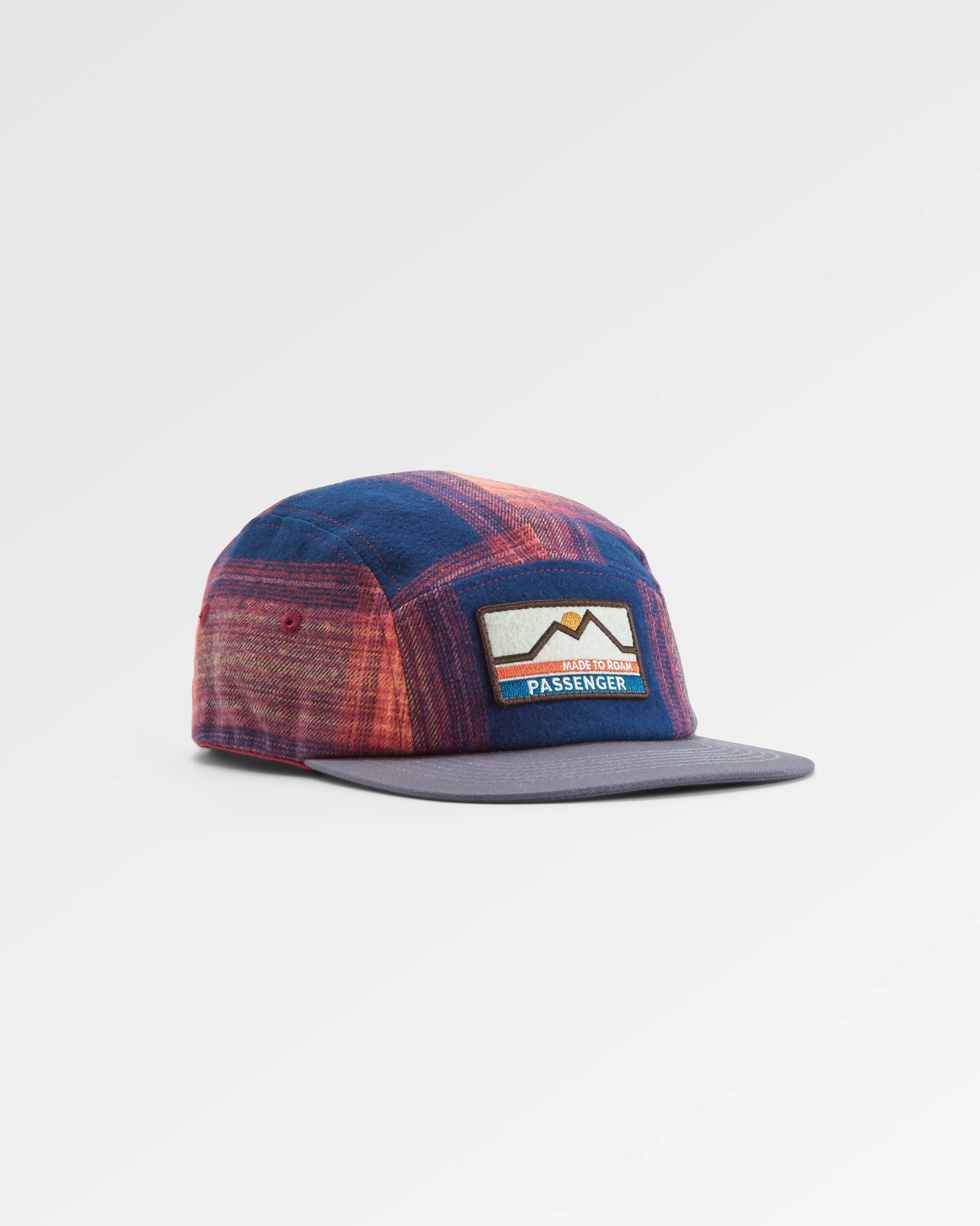 Fixie Recycled Flannel 5 Panel Cap - Rich Navy/ Red Ochre Check - Flatlay