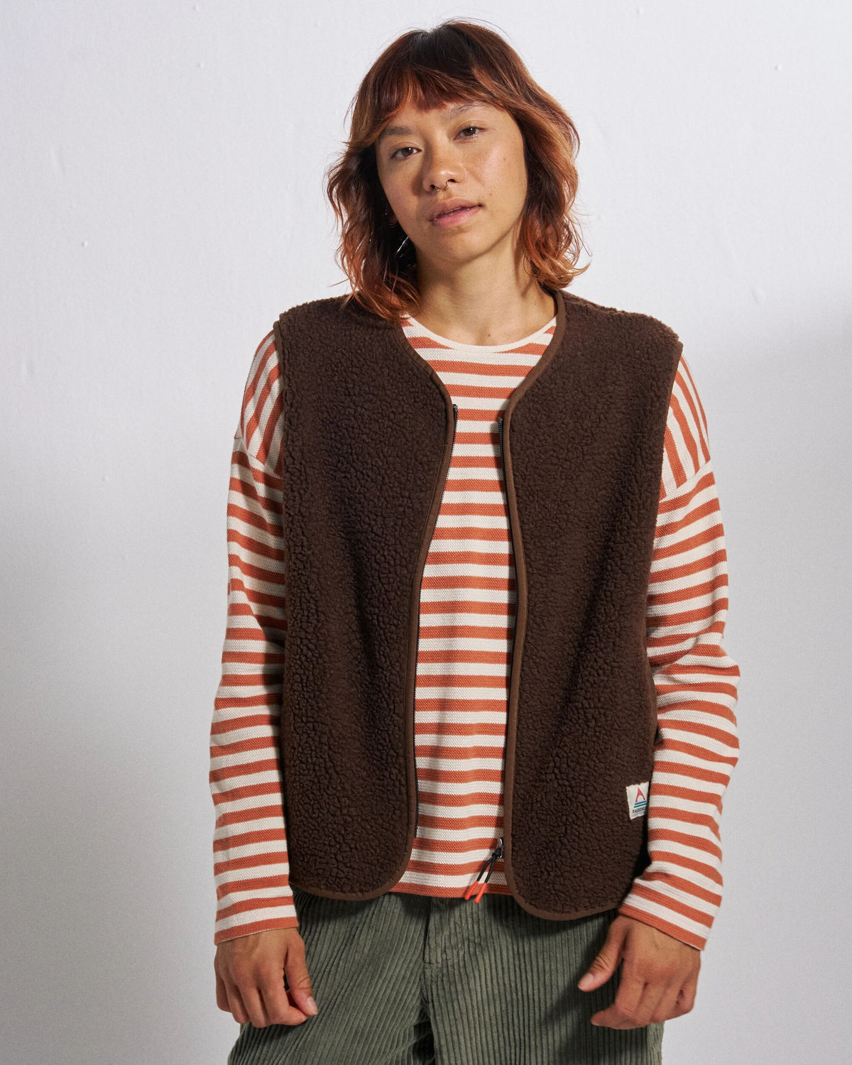 Tawny Collarless Deep-Pile Sherpa Gilet - Chestnut - Studio Model