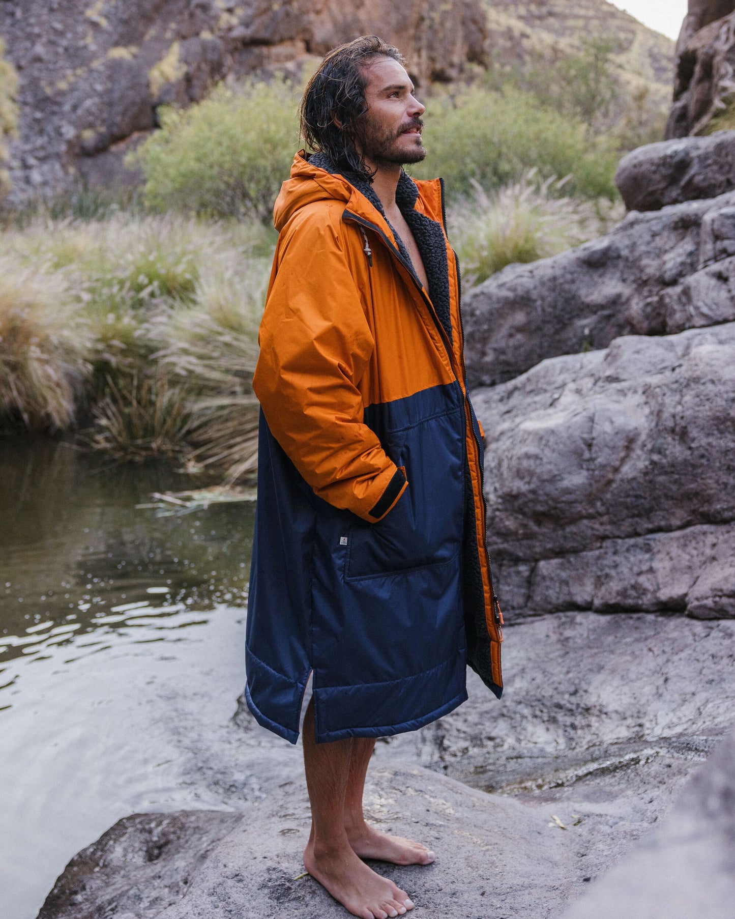 Waves Recycled Sherpa Lined Changing Robe - Sunrise Orange/Rich Navy - Lifestyle