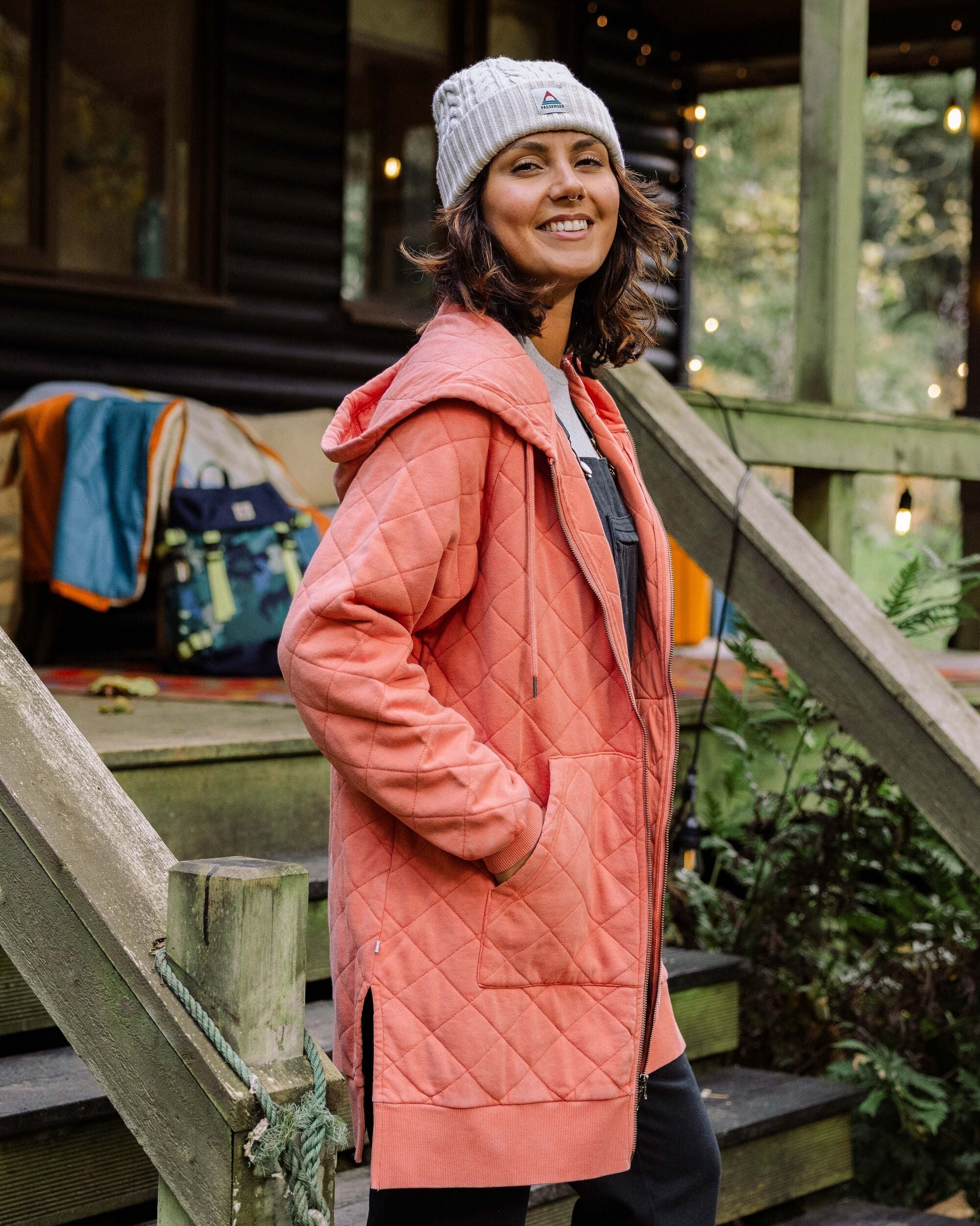 Getaway Recycled Quilted Full Zip Hoodie - Burnt Orange - Lifestyle