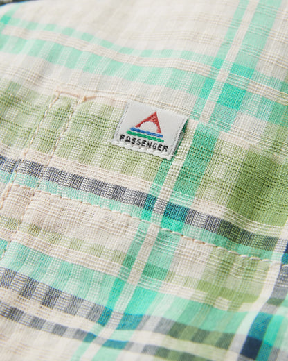 Arden Organic Cotton Short Sleeve Shirt - Vintage White/Stem Green Check - Flatlay