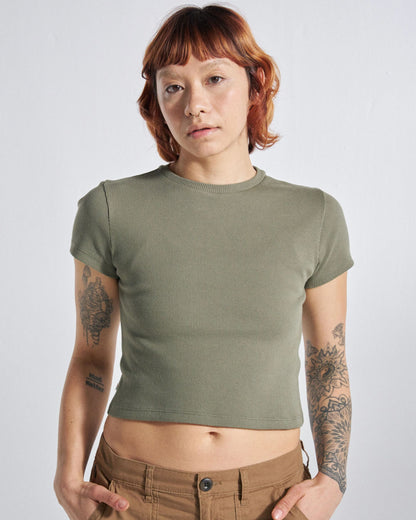 Out There Ribbed Cropped T-Shirt - Dusty Olive - Studio Model