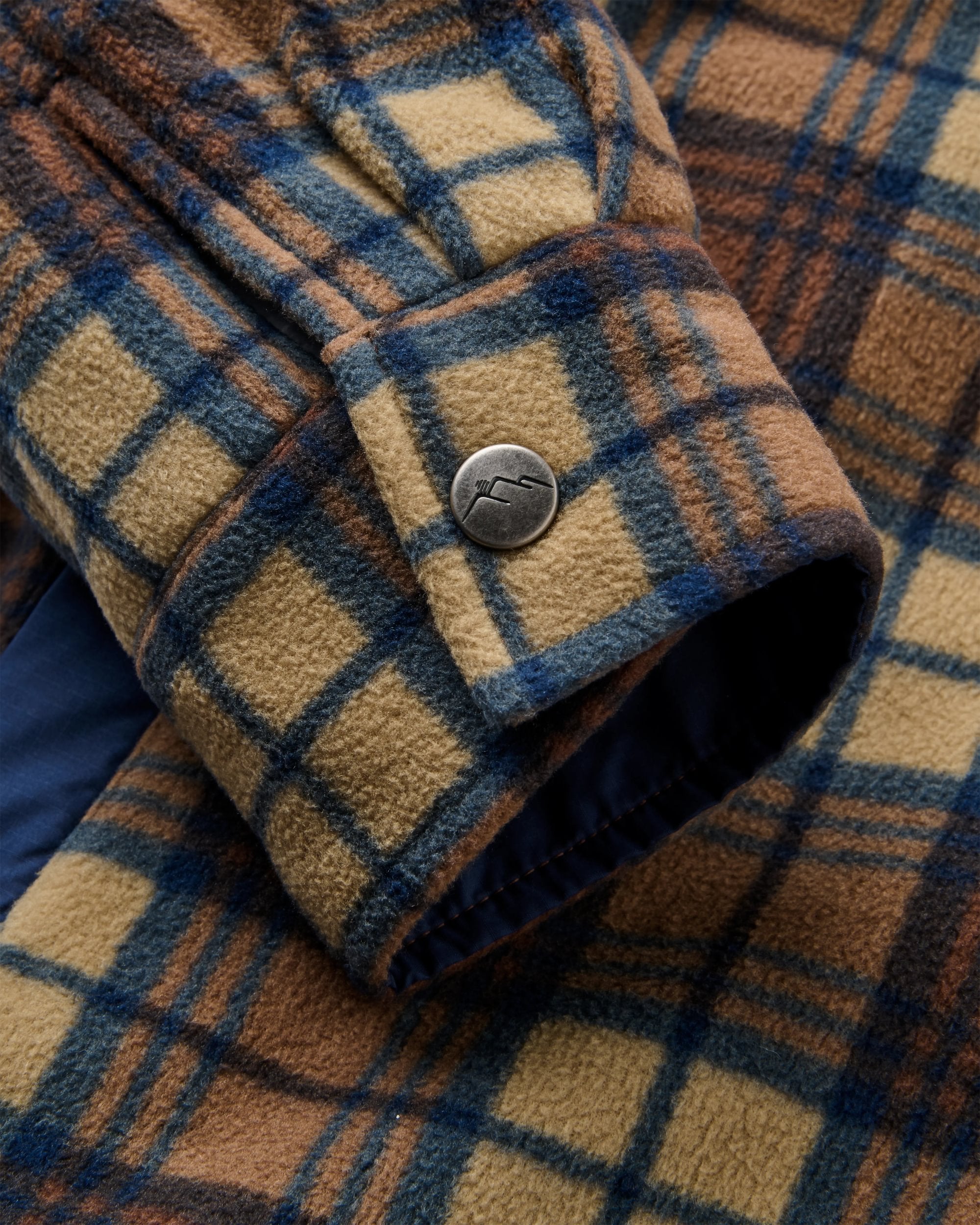 Firelight Sherpa Lined Overshirt - Rich Navy/Caramel Check - Flatlay