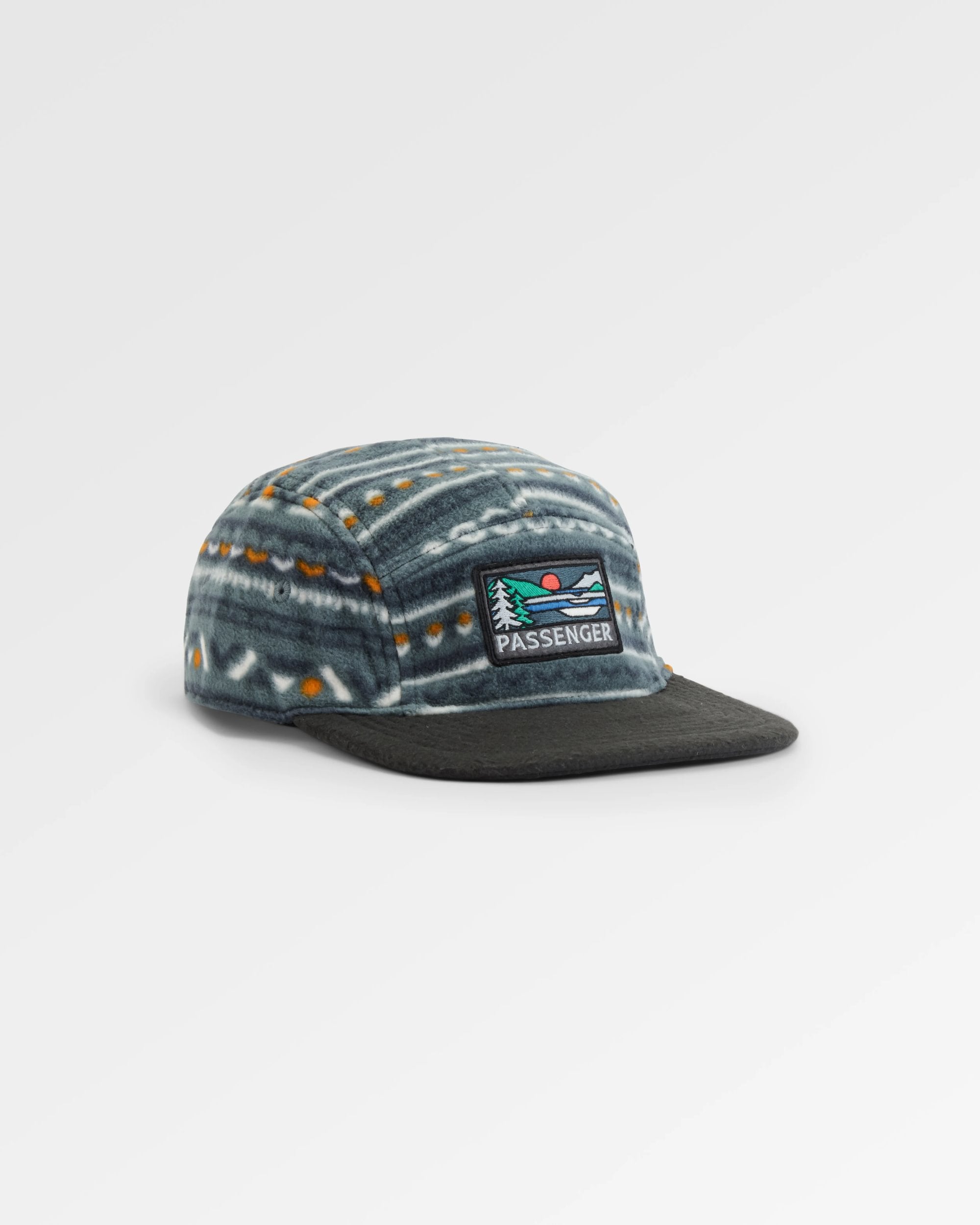 Pine Recycled Polar Fleece 5 Panel Cap - Geo Track Storm Grey - Flatlay