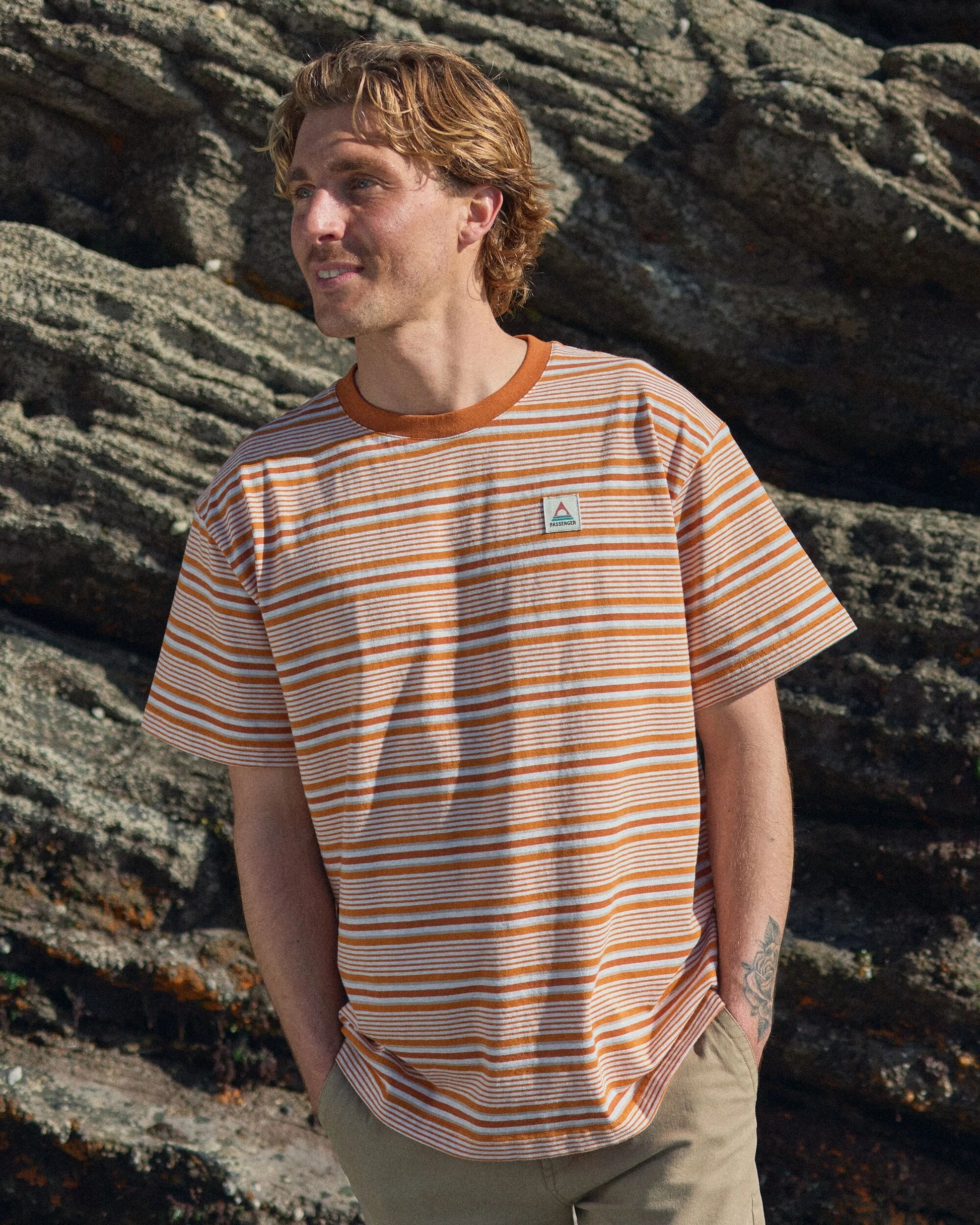 Retro Recycled Cotton Relaxed Fit T-Shirt - Sunrise Orange Stripe - Lifestyle