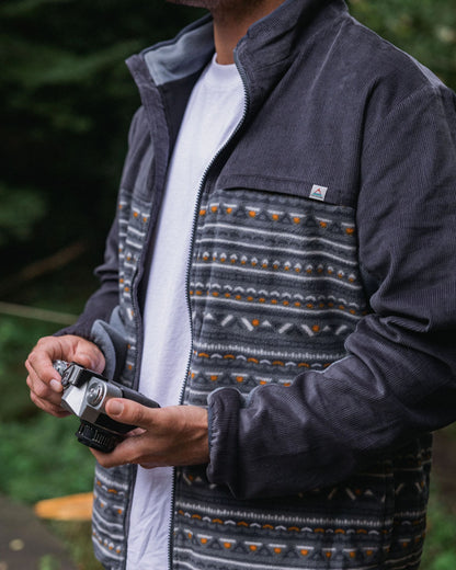 Somewhere Recycled Fleece - Geo Tracks Charcoal - Lifestyle