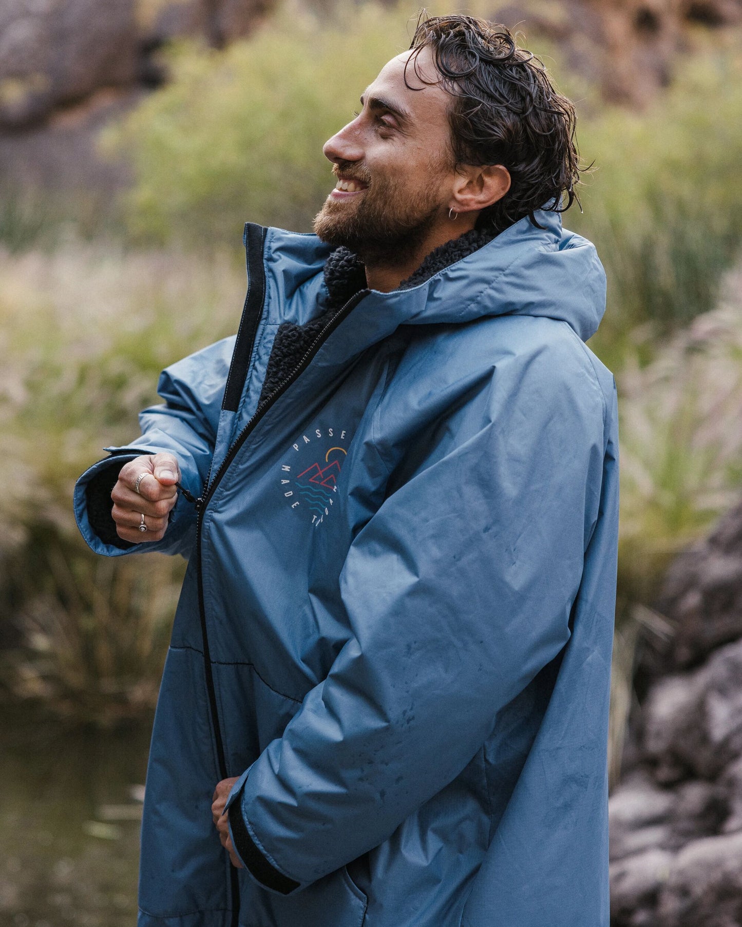 Escapism Recycled Sherpa Lined Changing Robe - Moonlight Blue - Lifestyle