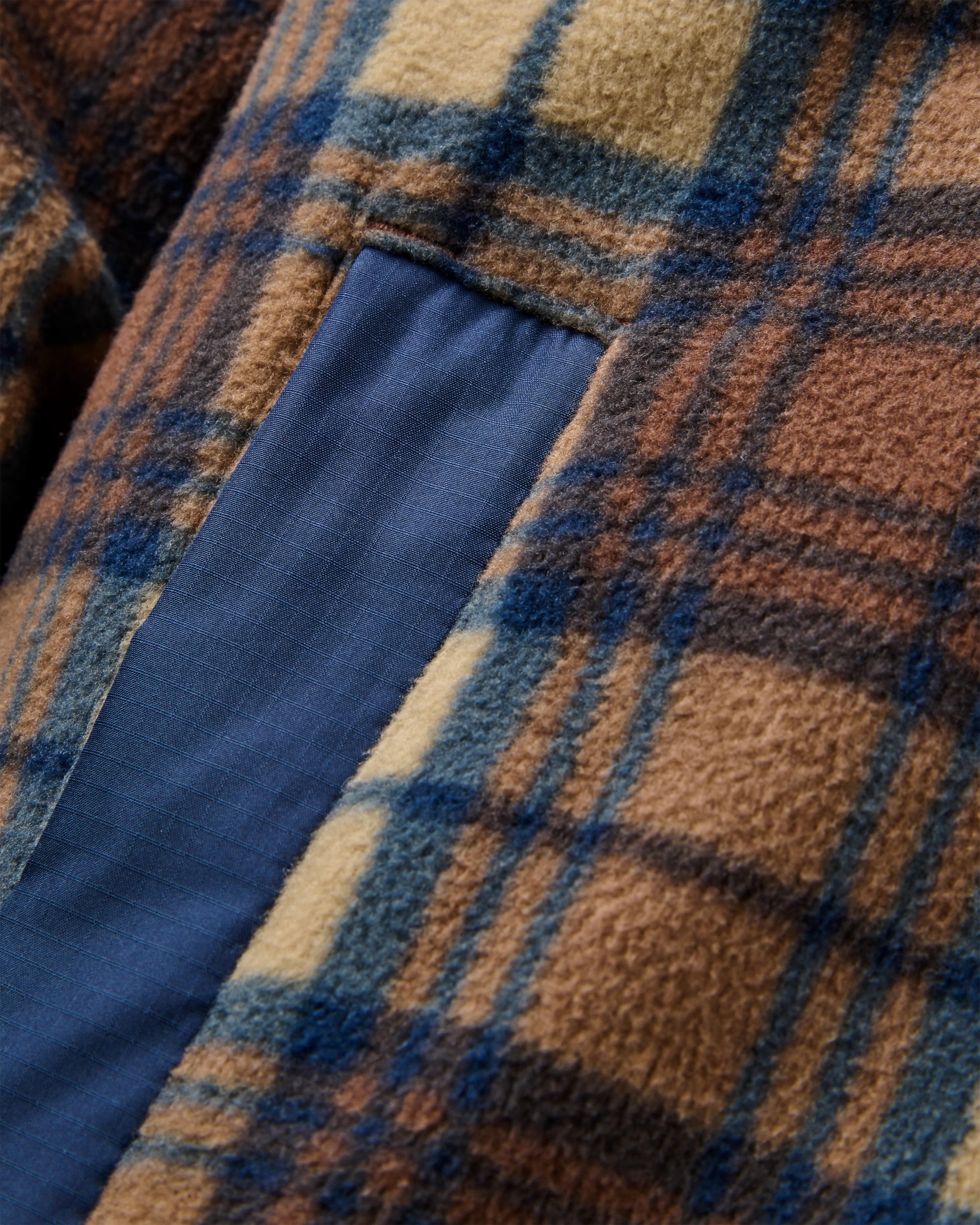 Firelight Sherpa Lined Overshirt - Rich Navy/Caramel Check - Flatlay