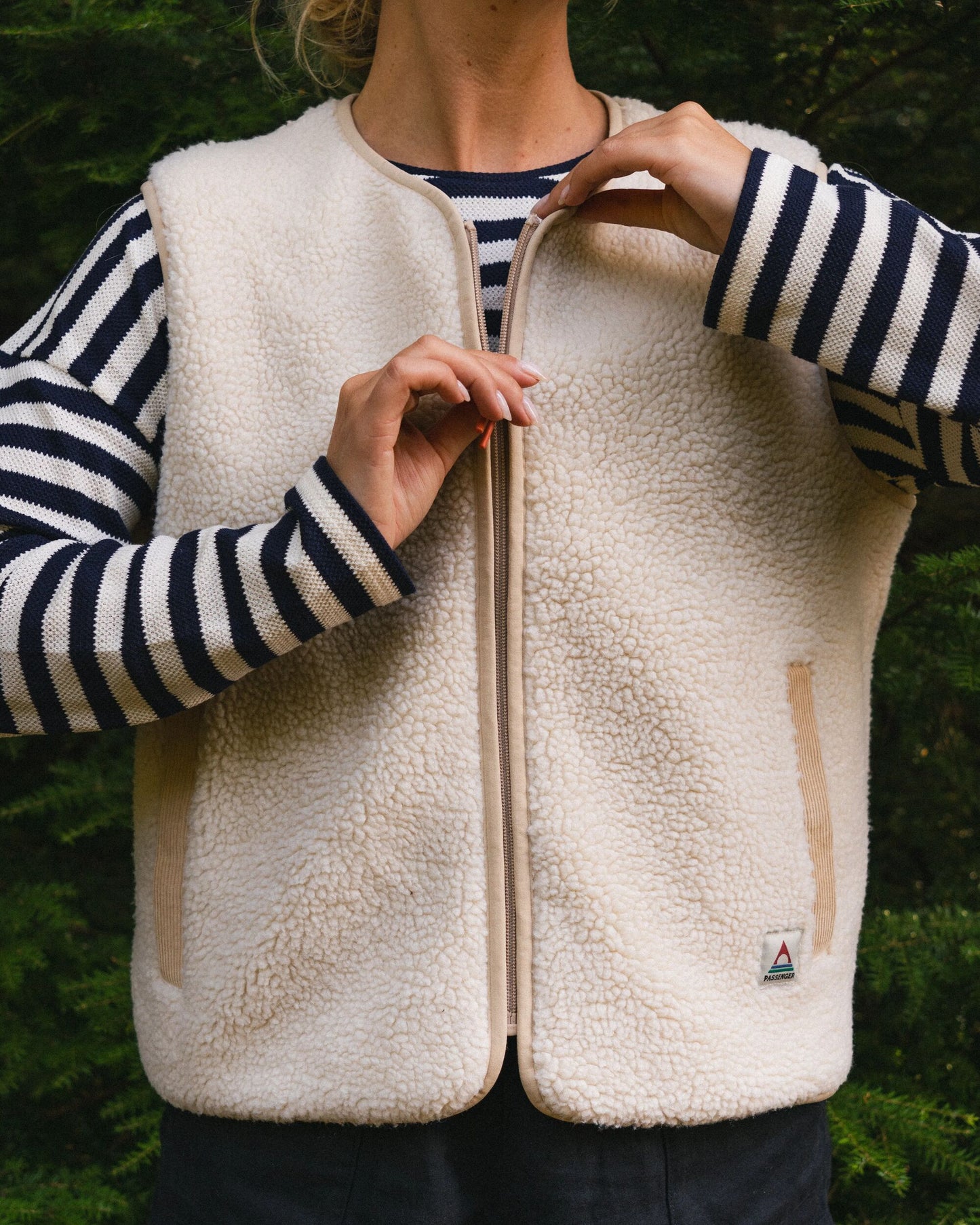 Tawny Collarless Deep-Pile Sherpa Gilet - Oat - Lifestyle