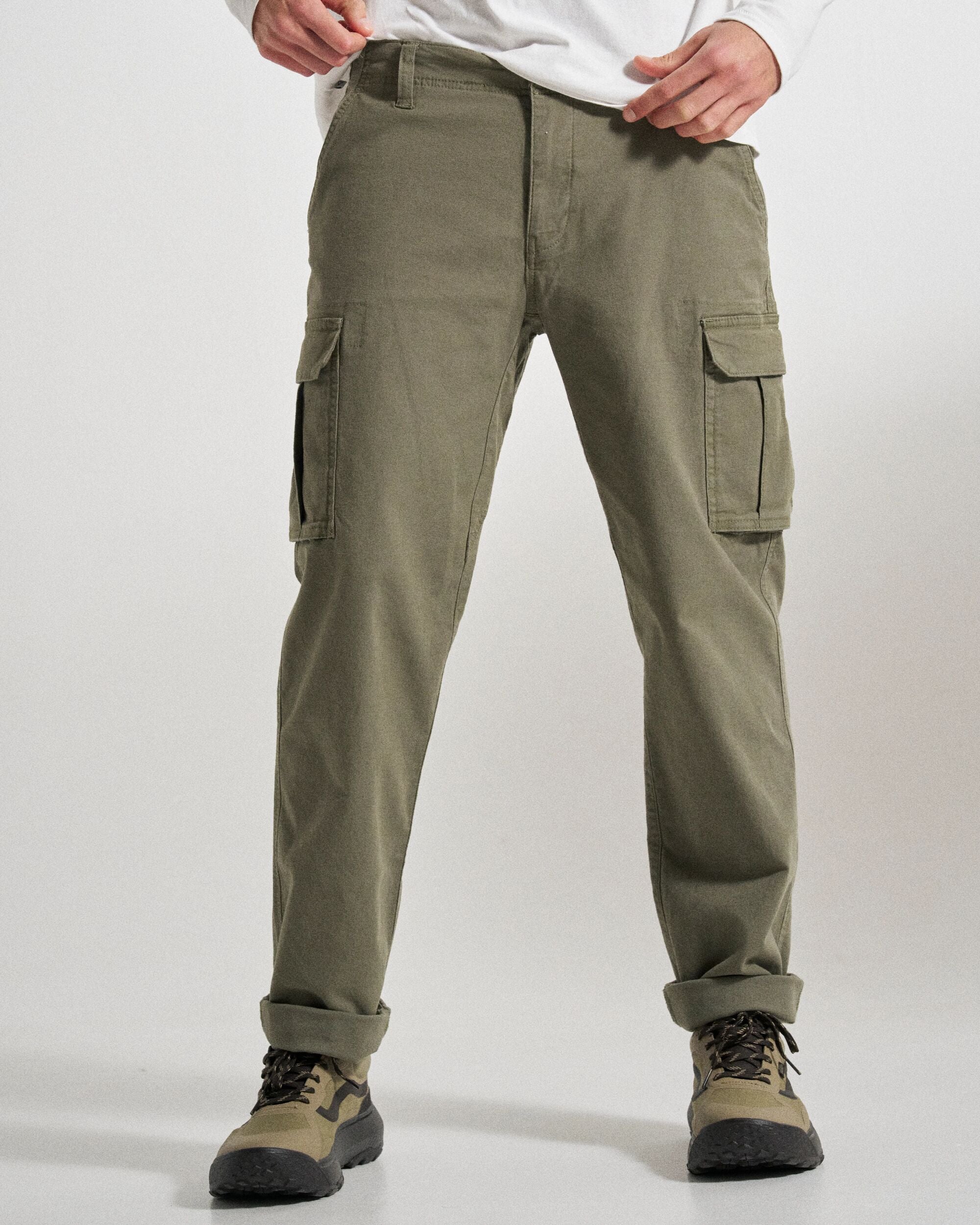 Lakeside Cargo Cotton Trouser - Dusty Olive - Studio Model